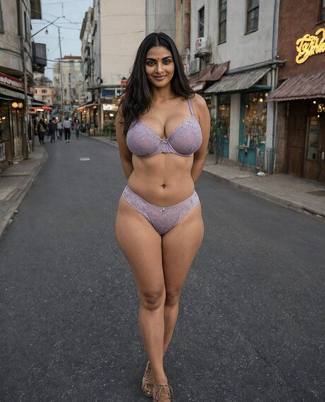 Indian girl with a flat tummy stands naked on a street amid a quiet zone - #4