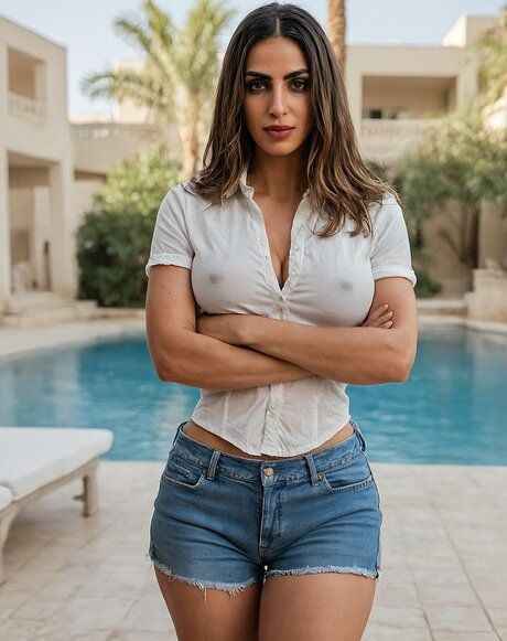 Athletic solo model with big naturals doffs a bikini to stand naked by a pool - #1