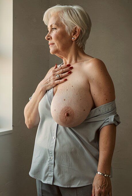 Older lady with short white hair frees her big boobs while getting naked - #3