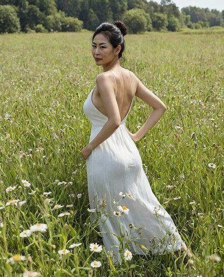 Chinese granny takes off her lingerie to pose nude in a field of flowers - #2