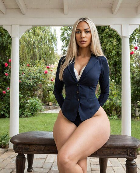Hot blonde businesswoman gets naked on a garden patio in a tempting manner - #2