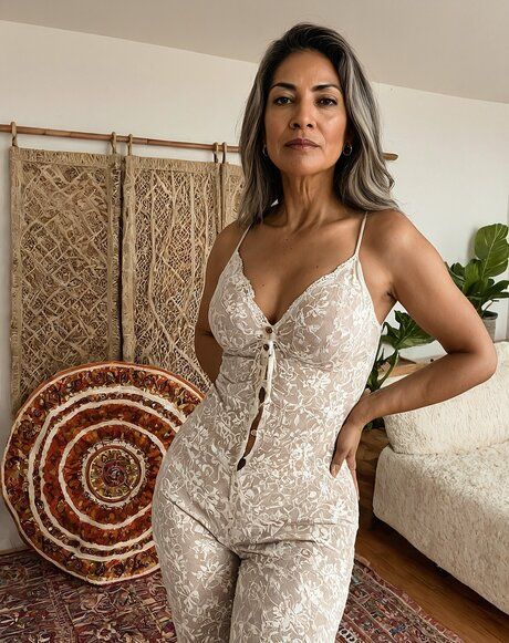 Old woman with silver hair models clothing and totally naked as well - #7