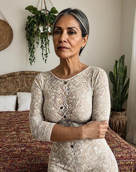 Old woman with silver hair models clothing and totally naked as well - #9