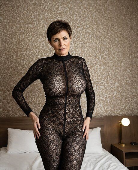 Hot granny models sexy lingerie and clothing in a hotel room for a nude shoot - #7