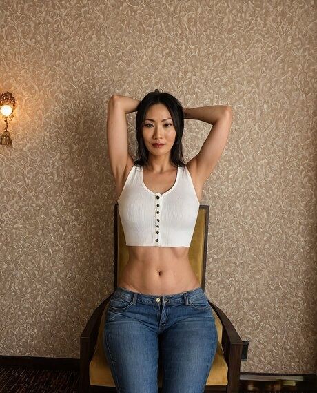 Older Asian woman removes her clothes to stand naked in a hotel room - #4