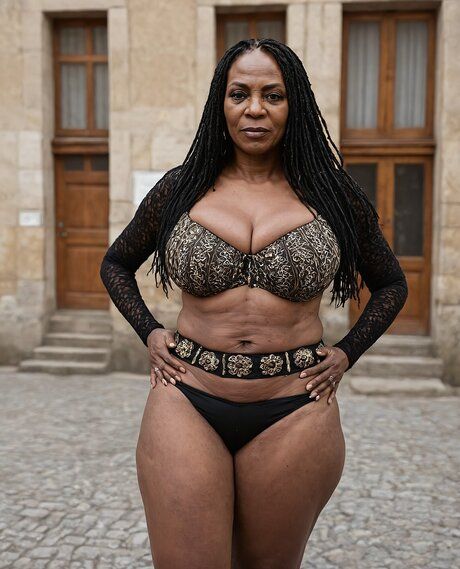 Black granny with big natural tits poses totally nude in a public courtyard - #3
