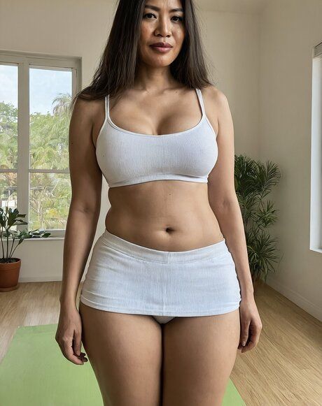 Solo model with long hair stands bare naked on top of her yoga mat - #4
