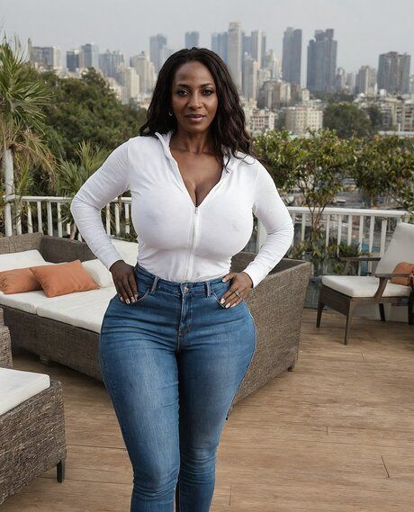 Curvy black girl gets naked on a balcony with a view of the city - #4