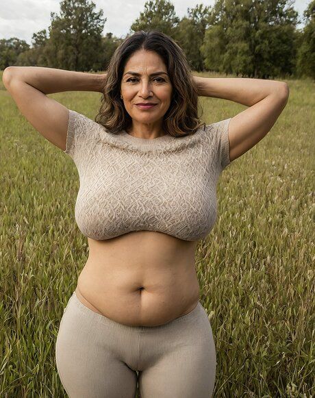 Latina granny models nude and in lingerie in an overgrown field - #3
