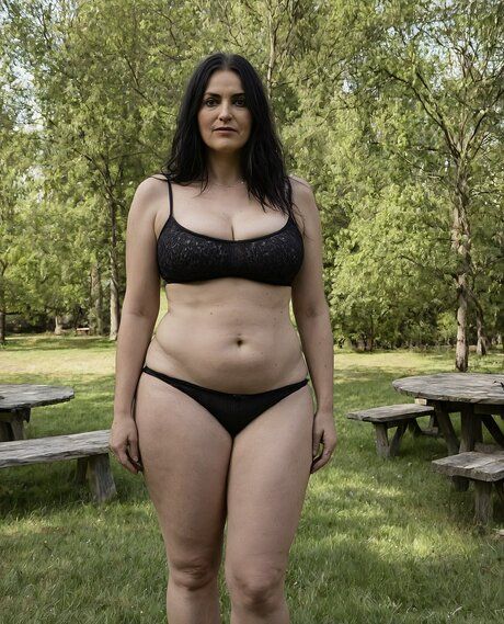 Thick brunette removes a black bikini to stand naked in a park - #3