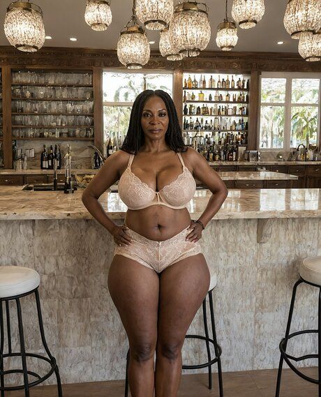 Overweight black woman strips naked in a kitchen and at a bar counter - #2