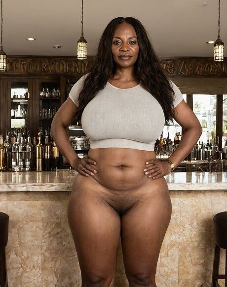 Overweight black woman strips naked in a kitchen and at a bar counter - #9