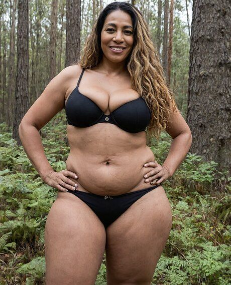Fat brunette gets naked in the woods after posing in a bikini - #2