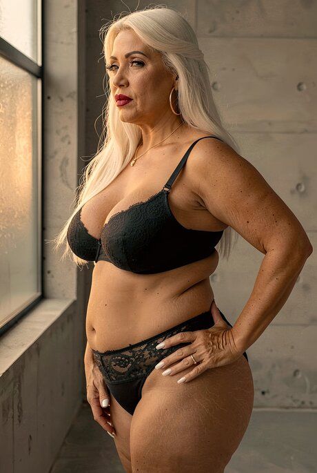 Older platinum blonde with big boobs posing for a nude shoot by herself - #1