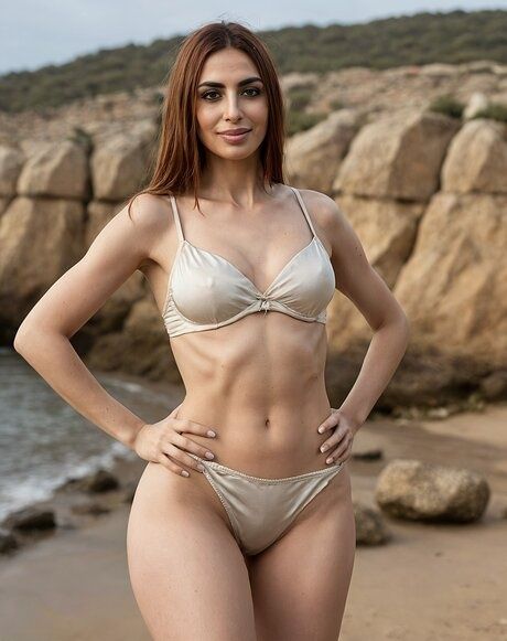Solo girl with a slender build poses naked and in swimwear at a beach - #2