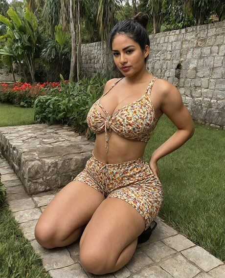 Fat brunette removes her lingerie and stockings to go nude on a lawn chair - #1