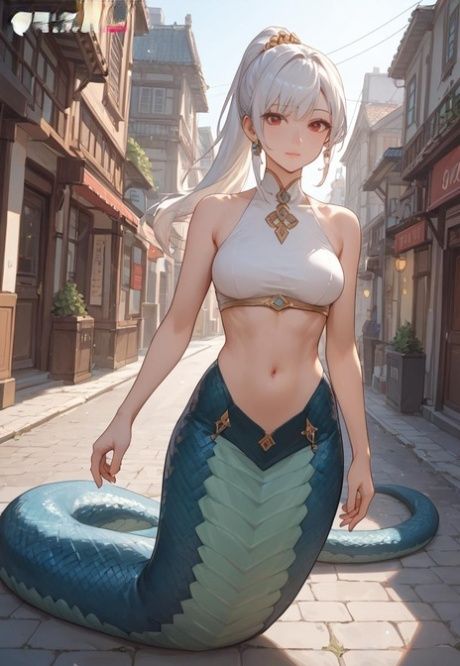 AI generated platinum blonde mermaid with big eyes shows her tits on a road - #5