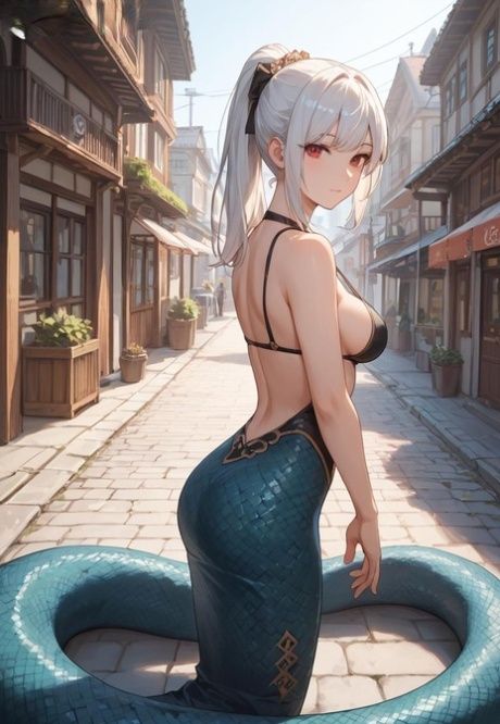 AI generated platinum blonde mermaid with big eyes shows her tits on a road - #3