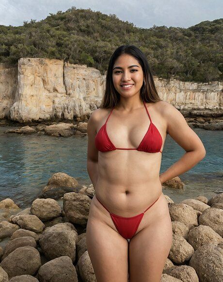 Brunette solo girl strips totally naked on a rocky beach at sunset - #3