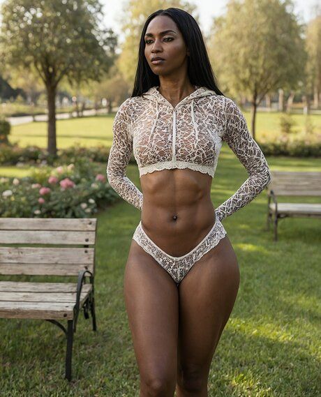 Ebony solo girl strikes confident nude poses in a public park - #6