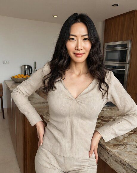 Beautiful Asian girl gets naked in a kitchen while wearing a variety of outfits - #3