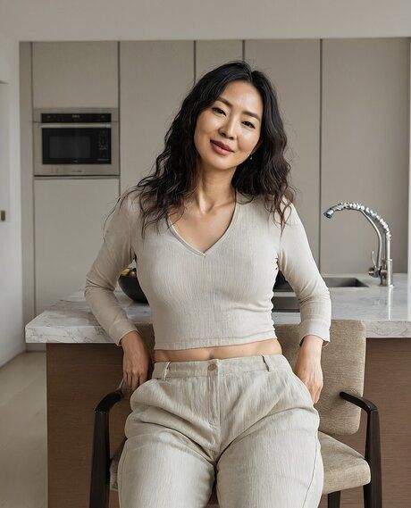 Beautiful Asian girl gets naked in a kitchen while wearing a variety of outfits - #5