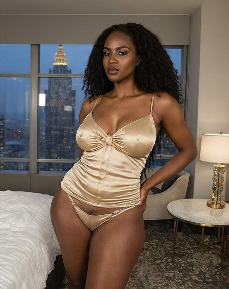 Black solo girl takes off satin lingerie to pose nude at the hotel - #3