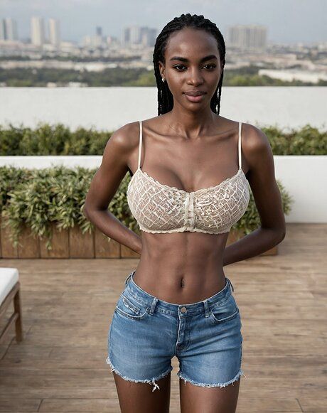 Pretty black girl with her hair braided stands naked on a rooftop patio - #1