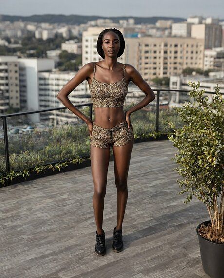 Pretty black girl with her hair braided stands naked on a rooftop patio - #10