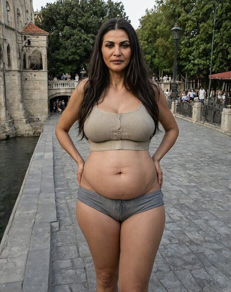 Obese granny gets naked on a cobblestone street near a river - #1