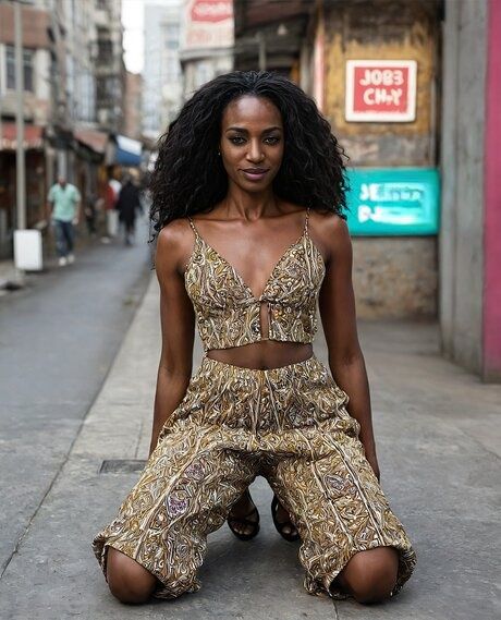 Hot African woman models nude and non nude clothing on a city street - #3