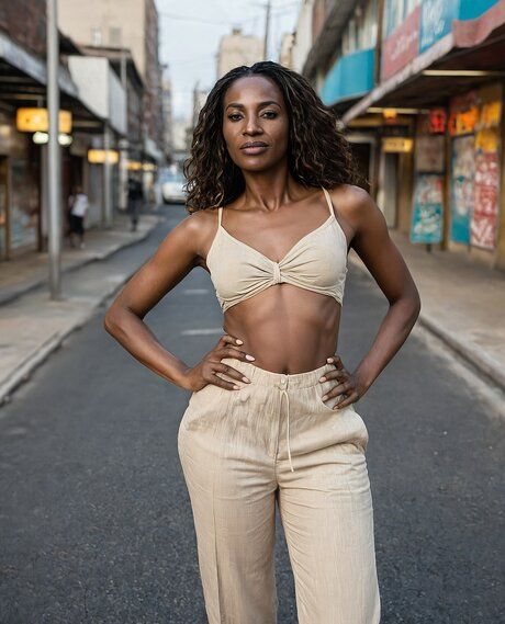 Hot African woman models nude and non nude clothing on a city street - #4