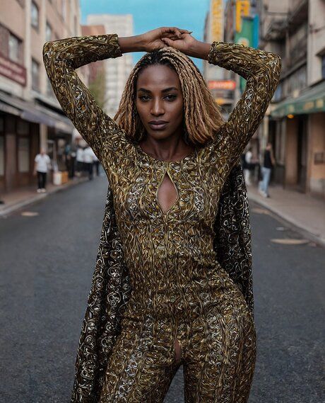 Hot African woman models nude and non nude clothing on a city street - #9