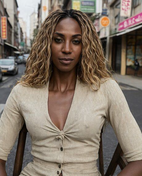 Hot African woman models nude and non nude clothing on a city street - #5