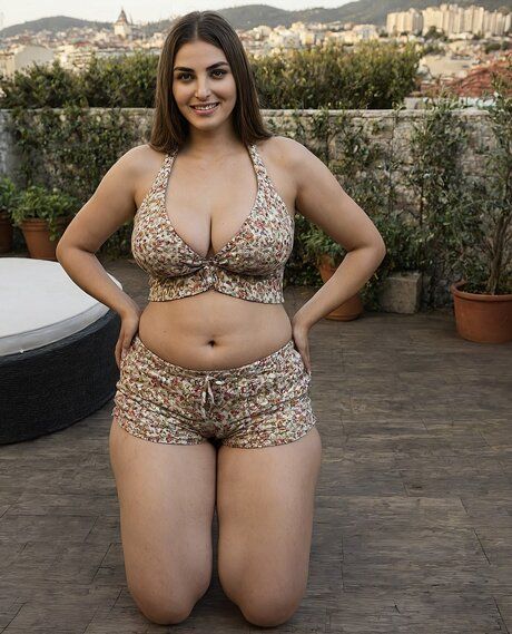 A collection of chubby girls that are posing on the deck in their underthings - #1