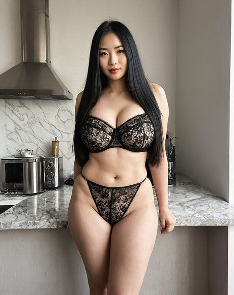 Hot Asian with long black hair stands naked and clothed in kitchen - #10