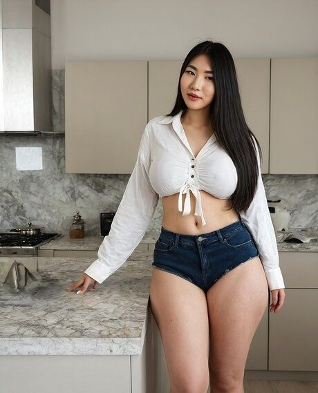 Hot Asian with long black hair stands naked and clothed in kitchen - #2