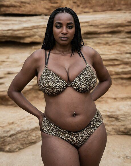 Ebony solo girl removes her swimwear to pose nude on boulder stoned beach - #6