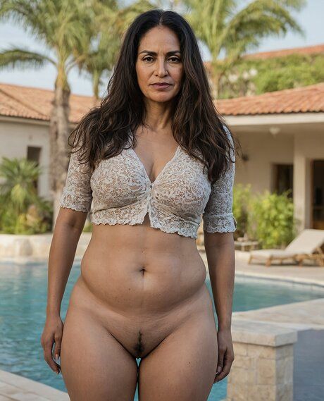 Solo model with a big belly takes off her swimwear to stand naked by a pool - #3