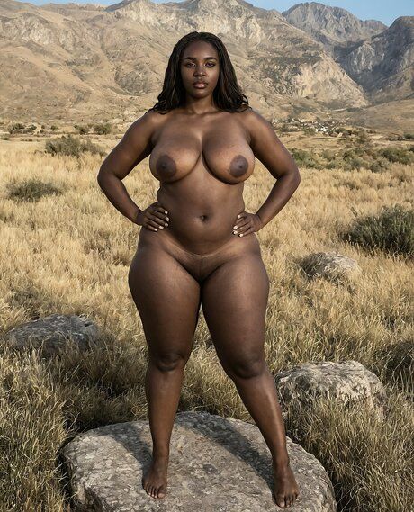 Solo model with a curvy figure poses in the nude against a mountainous backdrop - #10