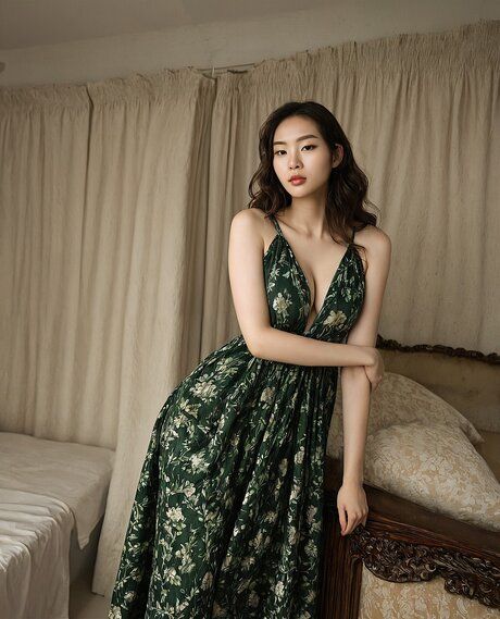 Solo girl with long hair sheds a dress and lingerie to pose nude in bed - #3