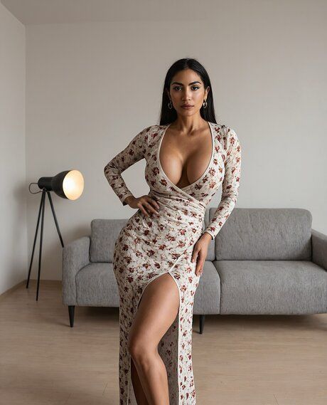 Dark haired beauty removes floral dresses and lingerie to pose in the nude - #3