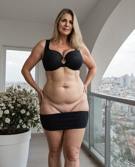 Horny older woman with blonde hair and a big belly strips naked to pose - #3