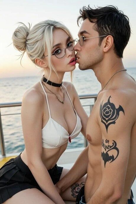 Hot blonde AI-generated model in glasses riding a cock on the pier - #4
