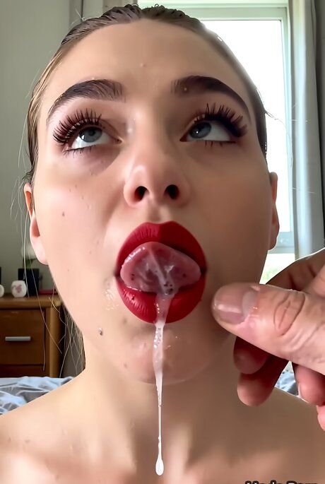 Busty girl with red lips receives open mouth facials in POV mode - #12