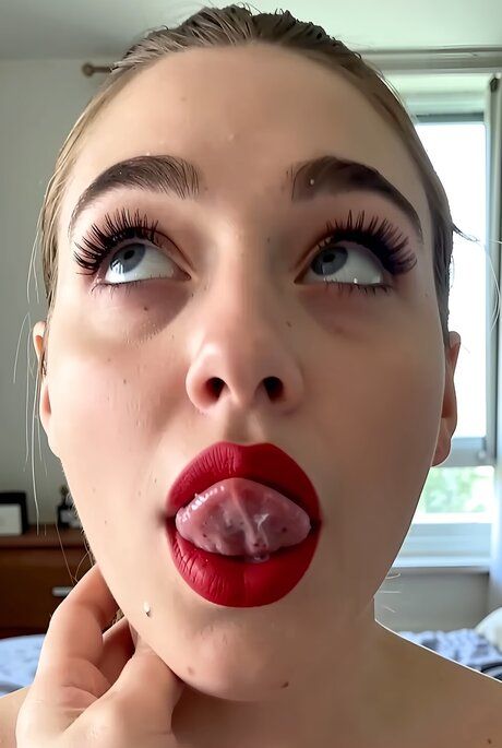 Busty girl with red lips receives open mouth facials in POV mode - #11
