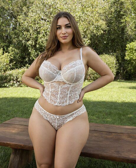 Solo girl with wavy hair exposes her big boobs on a wooden bench - #10
