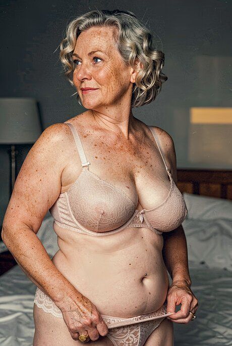 Older blonde woman exposes her round breasts and fat body on a bed - #9