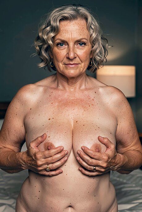Older blonde woman exposes her round breasts and fat body on a bed - #15