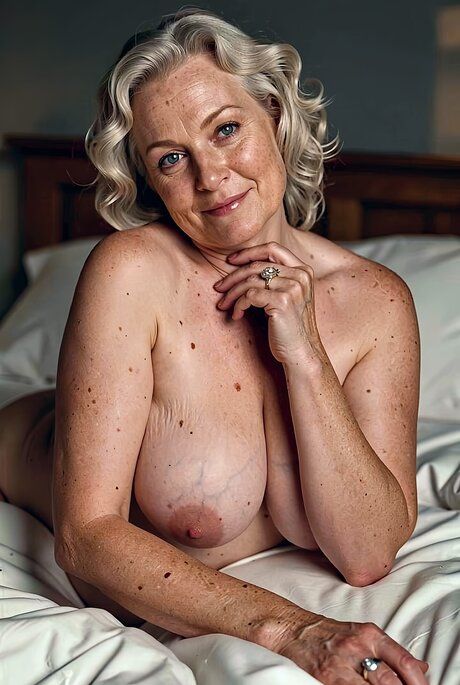 Older blonde woman exposes her round breasts and fat body on a bed - #16